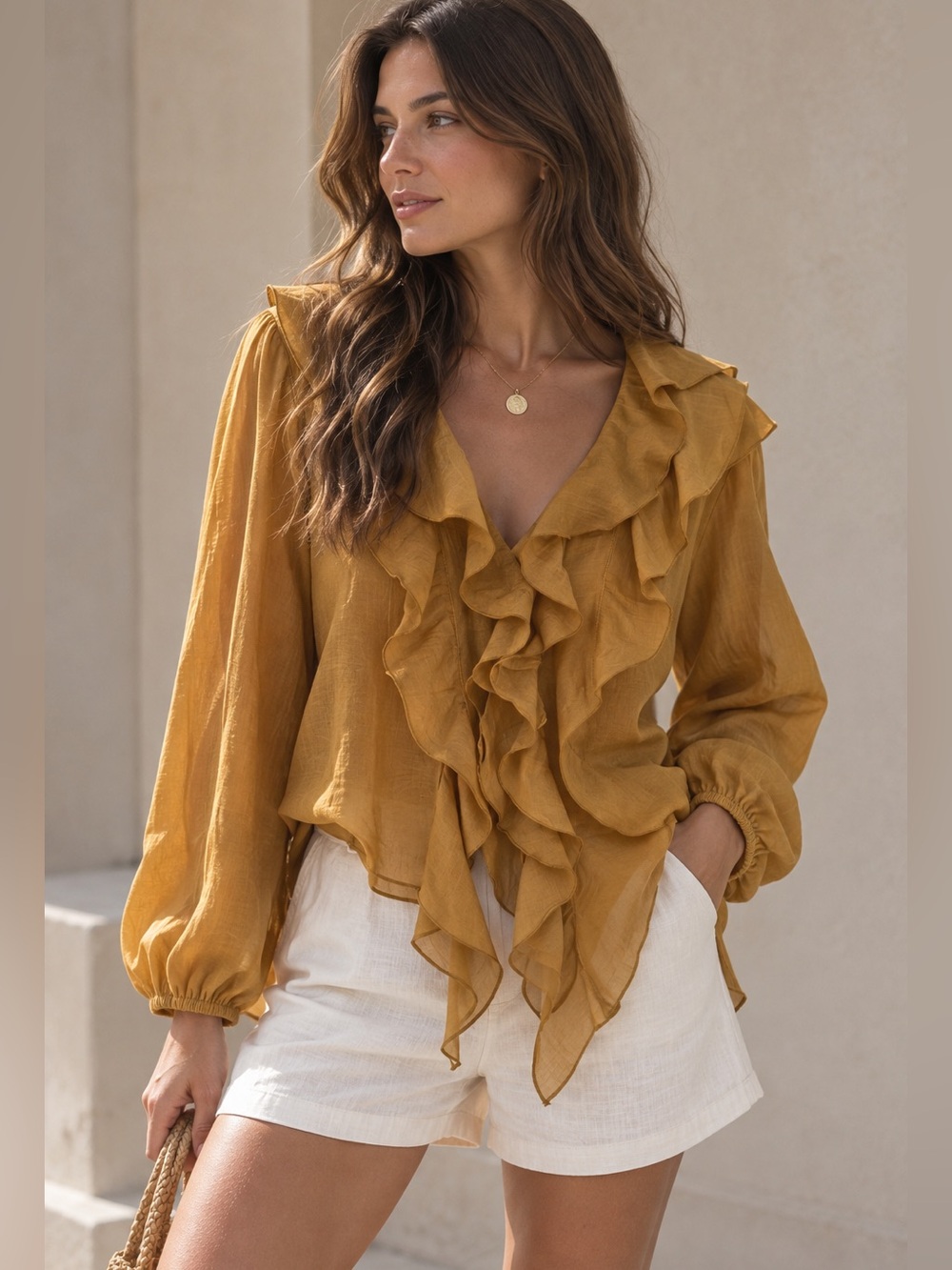 ZARA Mustard Ruffle-Front Sheer Blouse